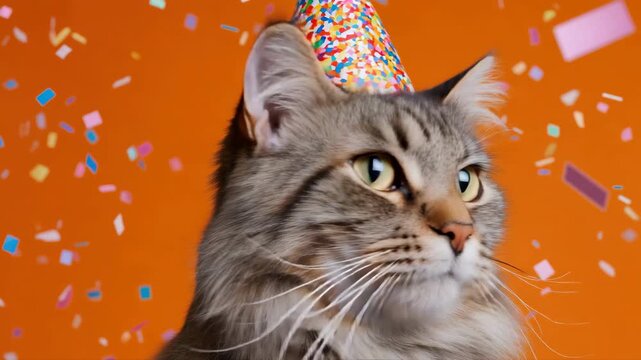 Curious cat with party hat surrounded by falling confetti on vibrant orange background