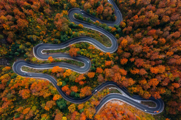 Aerial view of curving road through colorful autumn forest
