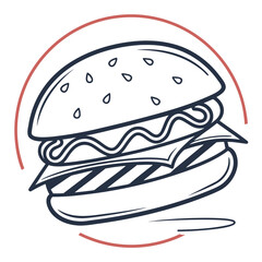 A stylized line art illustration of a delicious hamburger with sesame seeds on the bun cheese and grilled patty enclosed in a circular frame perfect for food branding and restaurant logos