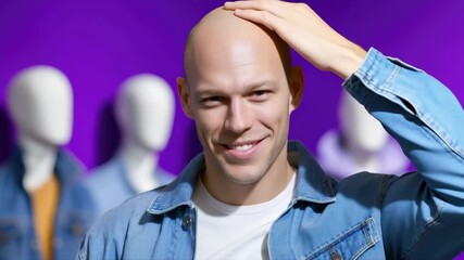 Confident bald man smiling and touching head against purple background with blurred figures - Powered by Adobe
