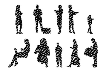 Vector illustration, Outline silhouettes of people, Contour drawing, people silhouette, Icon Set Isolated , Silhouette of sitting people, Architectural set