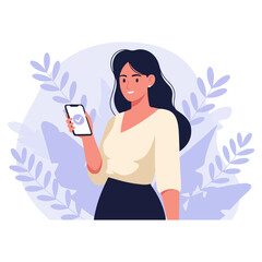 Woman holding smartphone with checkmark, smiling and happy.