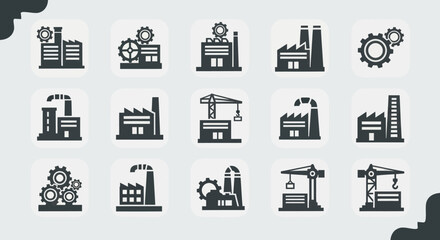 Modern Industrial Icons: Factory Buildings and Gears for Manufacturing Concepts, Flat Vector Elements, Vector Illustration, Simple Vector, Stylized Vector Drawing, Vector Template, Clean Vector