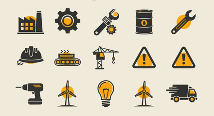 Industrial, Manufacturing, Construction, and Renewable Energy Flat Design Icons Set, Flat Vector Elements, Vector Illustration, Simple Vector, Stylized Vector Drawing, Vector Template, Clean Vector