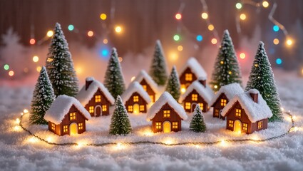 Dreamy festive miniature village with pine trees and fairy lights