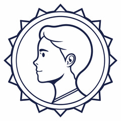 Clean vector illustration of a young boy s profile silhouette within a circular emblem featuring a sunburst or starburst outer border perfect for logos or icons