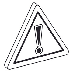 A simple black and white isometric illustration of a triangular warning sign with an exclamation mark inside symbolizing caution danger alert and important information