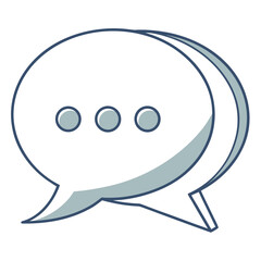 A simple clean and modern graphic illustration of a white speech bubble with a dark blue outline and a subtle grey shadow featuring three grey dots inside indicating a thought or message in progress