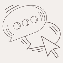 Hand drawn doodle style illustration of two overlapping speech bubbles with ellipsis dots and a computer cursor pointing to the lower bubble symbolizing online communication and digital messaging