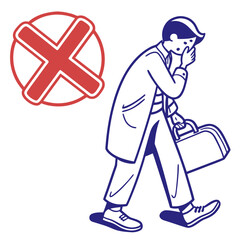 A stylized illustration of a man in a suit walking with a briefcase while covering his mouth accompanied by a red cross symbol indicating rejection or disapproval