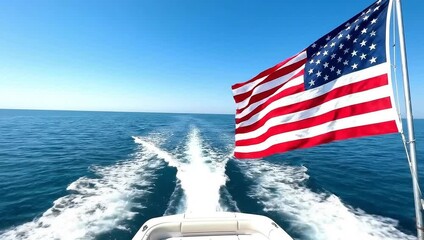 American flag waving on boat while cruising in bright blue ocean