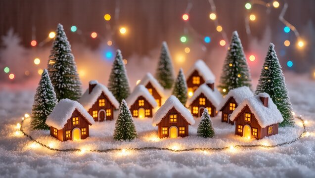 Dreamy festive miniature village with pine trees and fairy lights - Powered by Adobe