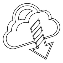 A stylized black and white outline graphic representing a cloud with a downward pointing arrow indicating data download or transfer from the cloud
