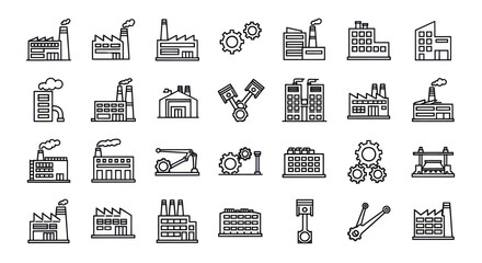 Art Icons Set: Industrial Factories, Manufacturing Plants, and Machinery on White Background, Flat Vector Elements, Vector Illustration, Simple Vector, Stylized Vector Drawing, Vector Template, Clean