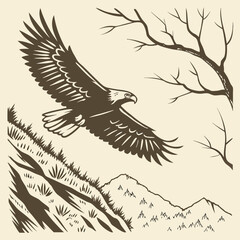 Majestic eagle soaring through a barren landscape with snow capped mountains and dry grass on a light beige background in a graphic illustration style