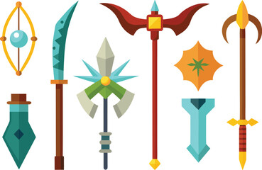 Fantasy weapon and magic item collection vector icons for game assets and illustration