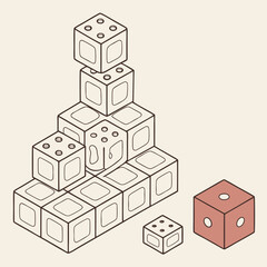 Fototapeta premium A pyramid shaped stack of outline dice with a single colored die and a small outline die placed separately on a light cream background isometric view
