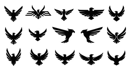 Collection of Black Eagle and Phoenix Logos featuring Geometric and Stylized Wing Designs, suitable for a variety of branding and emblem applications., Flat Vector Elements, Vector Illustration,