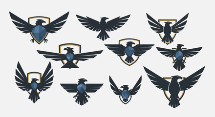 Modern Geometric Eagle and Shield Logo Collection in Dark Blue, Gold, and White on a Light Gray Background - Stylized Avian Emblems for Branding and Team Identity, Flat Vector Elements, Vector