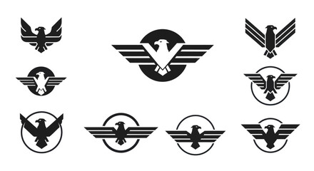 Fototapeta premium Collection of Stylized Black and White Eagle and Phoenix Logos on White Background, Featuring Geometric, Minimalist, and Modern Avian Emblems for Branding and Design Projects, Flat Vector Elements,