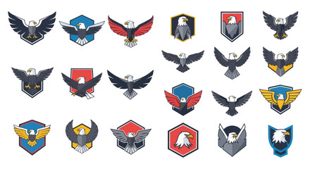 Dynamic Eagle Logo and Emblem Collection: Featuring Stylized Bald Eagles with Spreading Wings on Shields and Badges for Sports, Security, and Branding, Flat Vector Elements, Vector Illustration,