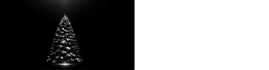 This is a striking black and white image vividly depicting a beautifully adorned Christmas tree alongside an elegant wine glass