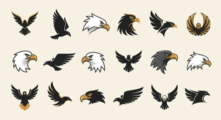 Collection of Stylized Eagle and Hawk Logos and Icons Featuring Various Dynamic Poses, Head Profiles, and Flight Designs for Branding, Mascots, and Strong Identity Symbols on a Light Background, Flat