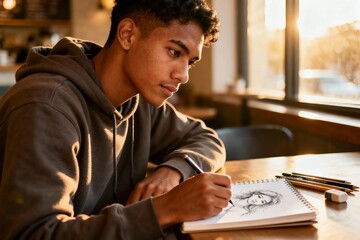 Focused teenager sketching portrait in cafe at sunset, Artistic inspiration and young talent concept