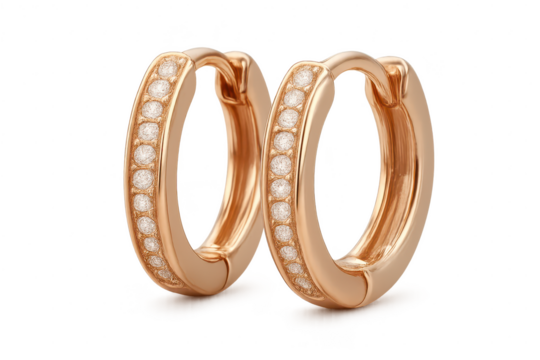 Elegant rose gold hoop earrings with diamonds isolated on transparent background.