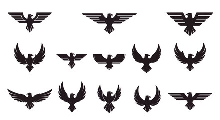 Collection of Diverse Black Eagle and Phoenix Logos with Stylized Wings on White Background, Flat Vector Elements, Vector Illustration, Simple Vector, Stylized Vector Drawing, Vector Template, Clean