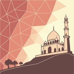Stylized illustration of a majestic islamic mosque with minarets and domes set against a geometric abstract background of warm pink and cream triangles with silhouetted trees on a hill