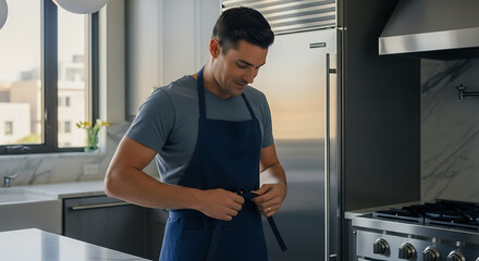 A man is in a modern kitchen tying the strings of a dark apron The kitchen is modern with stainless steel appliances