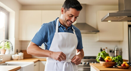 Man tying his apron in a modern kitchen He looks happy and ready to start cooking a meal The kitchen has fresh vegetables