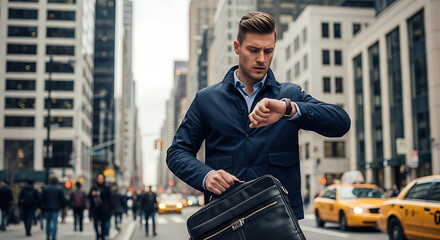 Busy professional checks his watch in the city Commuting in style he stays punctual against the urban backdrop A man ready to do business