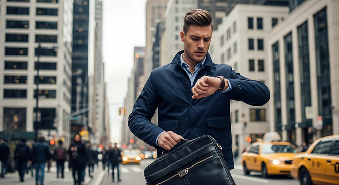 Busy professional checks his watch in the city Commuting in style he stays punctual against the urban backdrop A man ready to do business