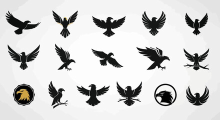 A diverse collection of stylized eagle and hawk logo designs, featuring powerful of prey vector emblems in various poses and minimalist silhouettes for branding., Flat Vector Elements, Vector