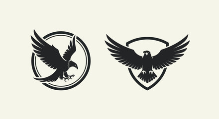 Majestic Black Eagle Silhouette in Circular Frame Logo Design on Light Background, Flat Vector Elements, Vector Illustration, Simple Vector, Stylized Vector Drawing, Vector Template, Clean Vector