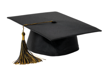 Black graduation cap with gold tassel isolated on transparent background
