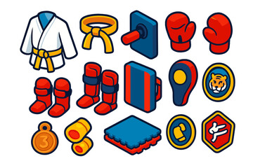 Martial Arts Essentials. Isometric vector illustration set featuring karate jacket, yellow belt, wall-mounted pad, boxing gloves,