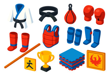 Martial Arts Gear. Isometric vector illustration set featuring martial arts outfit, black belt, speed bag, boxing gloves, shin