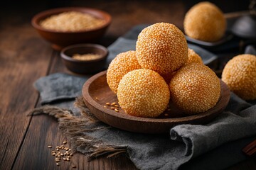 Crispy golden Chinese sesame balls, rustic wooden background