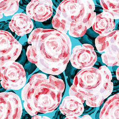 Abstract native naive art flowers in pink blue colors seamless pattern. Home decor, modern interior, beauty package, textile, wallpaper, fabric, bedding, package, outerwear.
