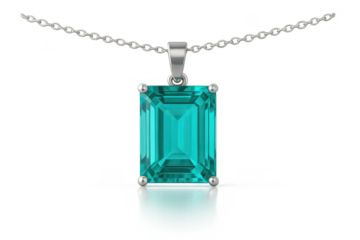 Elegant emerald cut pendant with silver chain isolated on transparent background