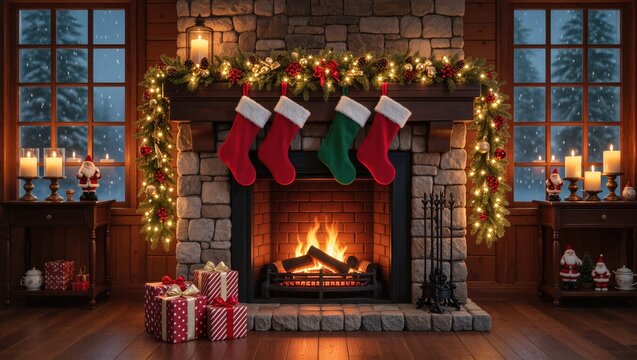 Traditional Christmas fireplace with hanging stockings, garlands, glowing fire and warm holiday lighting, cozy magical winter mood