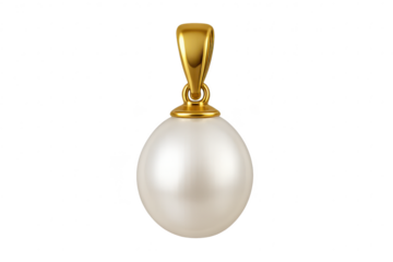 Elegant pearl pendant with golden bail isolated on transparent background, jewelry