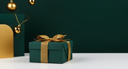 Luxurious Green Christmas Gift Box with Golden Ribbon and Ornaments