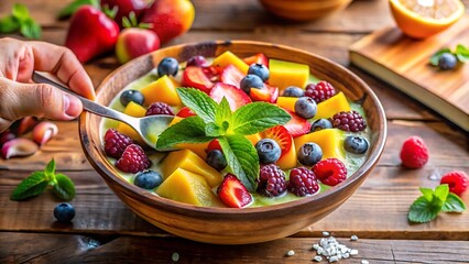 Close up of a vibrant and colorful fruit salad in a wooden bowl with a hand holding a spoon