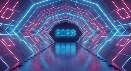 Futuristic 3D Neon Tunnel with Glowing 2026 Numbers