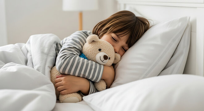 Child Sleeping Peacefully with Teddy Bear : A serene image of childhood slumber and the comfort of a beloved stuffed animal - Powered by Adobe