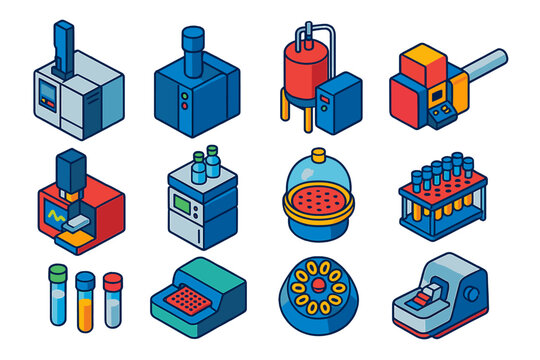 Colorful Chemistry Icons. Isometric vector illustration set Chemistry with lab equipment and tools: gas chromatography unit, mass